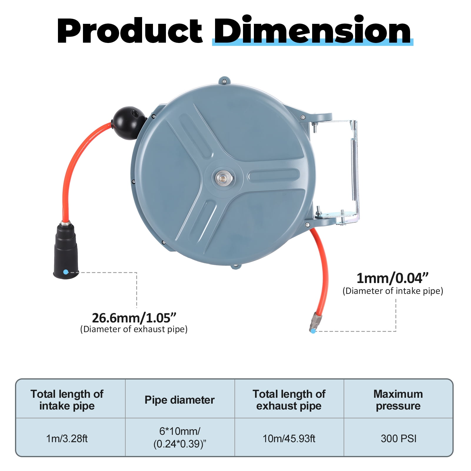 50ft Retractable Air Hose Reel with 3/8" PU Hose, 300 PSI Max Pressure, Heavy Duty Automatic Rewind & Locking Mechanism, Wall/Ceiling Mountable, Lightweight Air Compressor for Garage Workshop