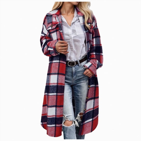 COMVALUE Womens Plaid Shacket Long Flannel Shirt Jacket Corduroy Coats Casual Lapel Button Down Oversized Cardigan with Pockets (Red, S)