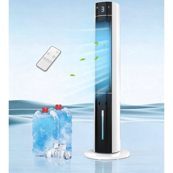 Flamemore Portable Evaporative Air Cooler with Remote & Ice Packs, 3-in-1 Oscillating Tower Air Conditioner with Humidify, White&Black