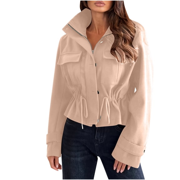 Zpanxa Womens Puffer Jacket Short Drawstring Zip Up Utility Casual Hoodless Winter Coat with Pockets Beige S