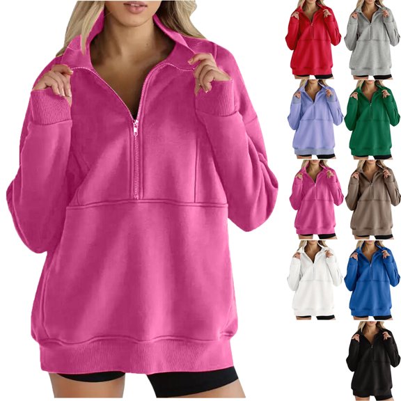 Vibrex Womens Quarter Zip Oversized Sweatshirts Pullover Hoodies Lapel Zipper Sweatshirt Fall Workout Jacket Loose Pullover Tops Ladies' Casual Loose Long-sleeved Solid Color Comfortable Hooded