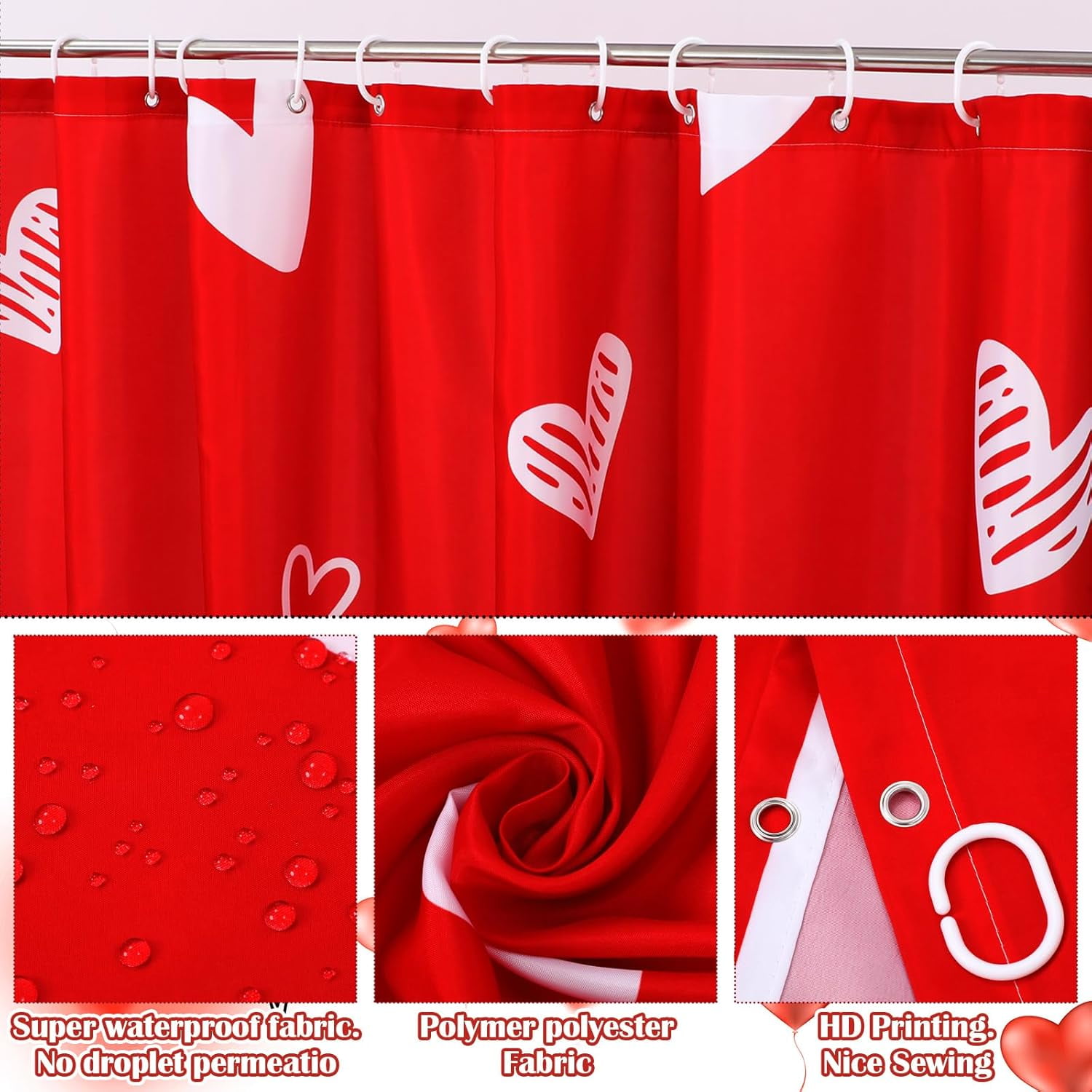 Valentine's Day Shower Curtain Set, Non Slip Rugs Toilet Lid Cover U Shape Bath Mat and 12 Hooks Love Heart Shape Red Bathroom Supplies for Valentines Accessories Decor Set