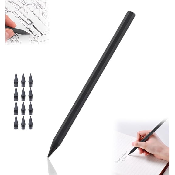 Reusable Metal Alloy Forever Pencil - Sharpen-Free Endless Metal Pencil - Reusable Metal Inkless Pencils, 12 Colors Replaceable Nibs for Writing Drawing Sketching ﻿ (12PCS Tip Black)