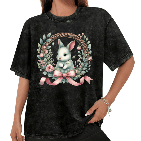 Women Casual Easter Bunny Wreath Graphic Tees Cotton Crew Neck Printed T Shirt Tops Washed T Shirt Black S-2XL Plus Size