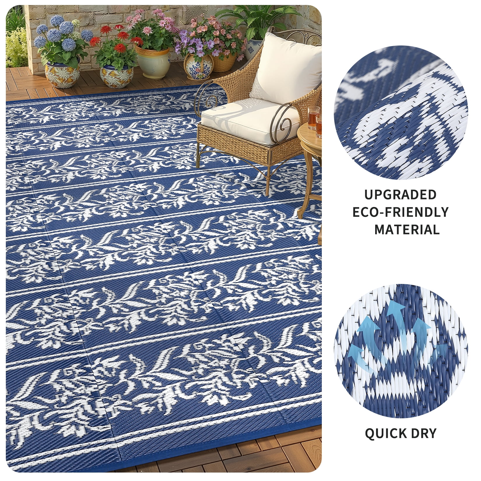 Nanan Outdoor Rug 8'x10' Waterproof Reversible Outdoor Patio Rug Plastic Straw Floral Mat for Camping Balcony Backyard RV Picnic, Dark Blue White
