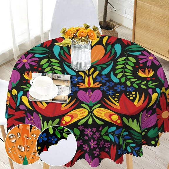 Boho Round Tablecloth 60 inch for Dining Kitchen Party Indoor Outdoor | Washable Bohemian Floral Circle Table Cloth Cover, Polyester, Waterproof, Stain Resistance, Wrinkle-Free, 4-6 Seats
