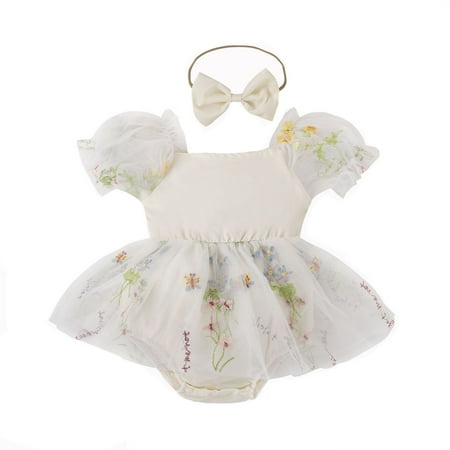 

B91xZ Girl Outfits Baby Girls Solid Spring Summer Short Sleeve Tulle Romper Bodysuit Headbands Clothes (Sizes 12-18 Months)
