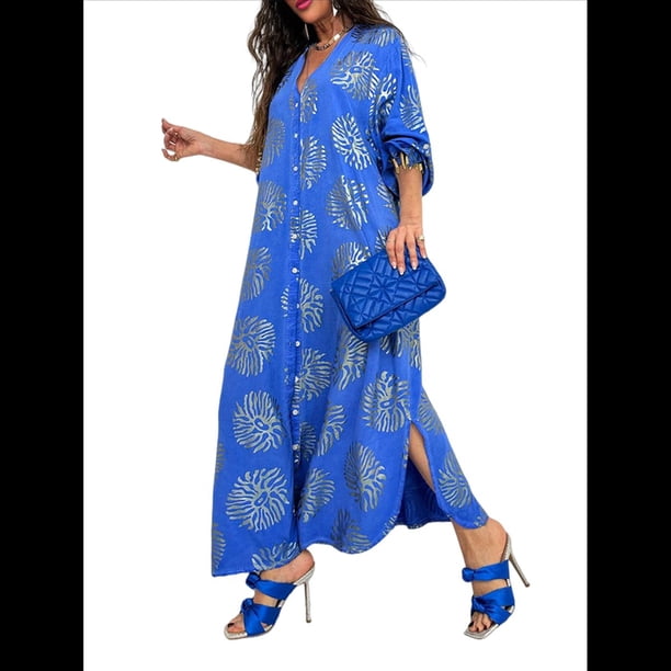 Vestido Bohemio con Estampado Floral para Mujer, Escote en V Profundo, Abertura Lateral, Corta, Corte A, Holgado Azul S