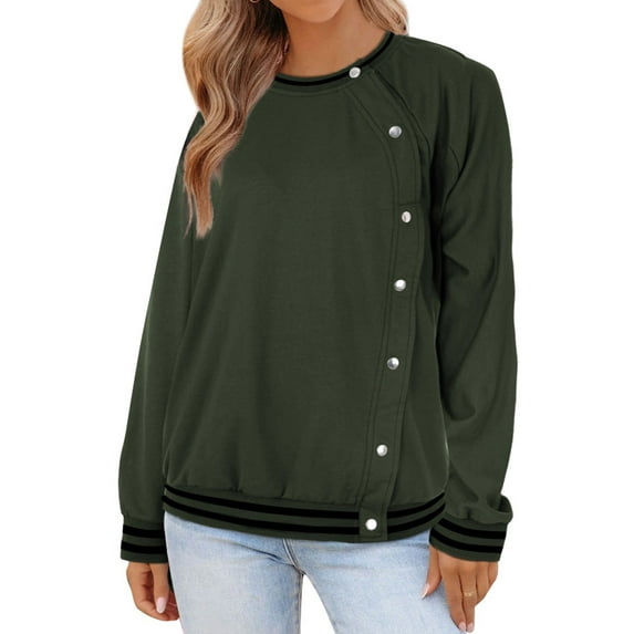 Xuanfei Women Round Neck Button Closure Long Sleeve Colorblock Top