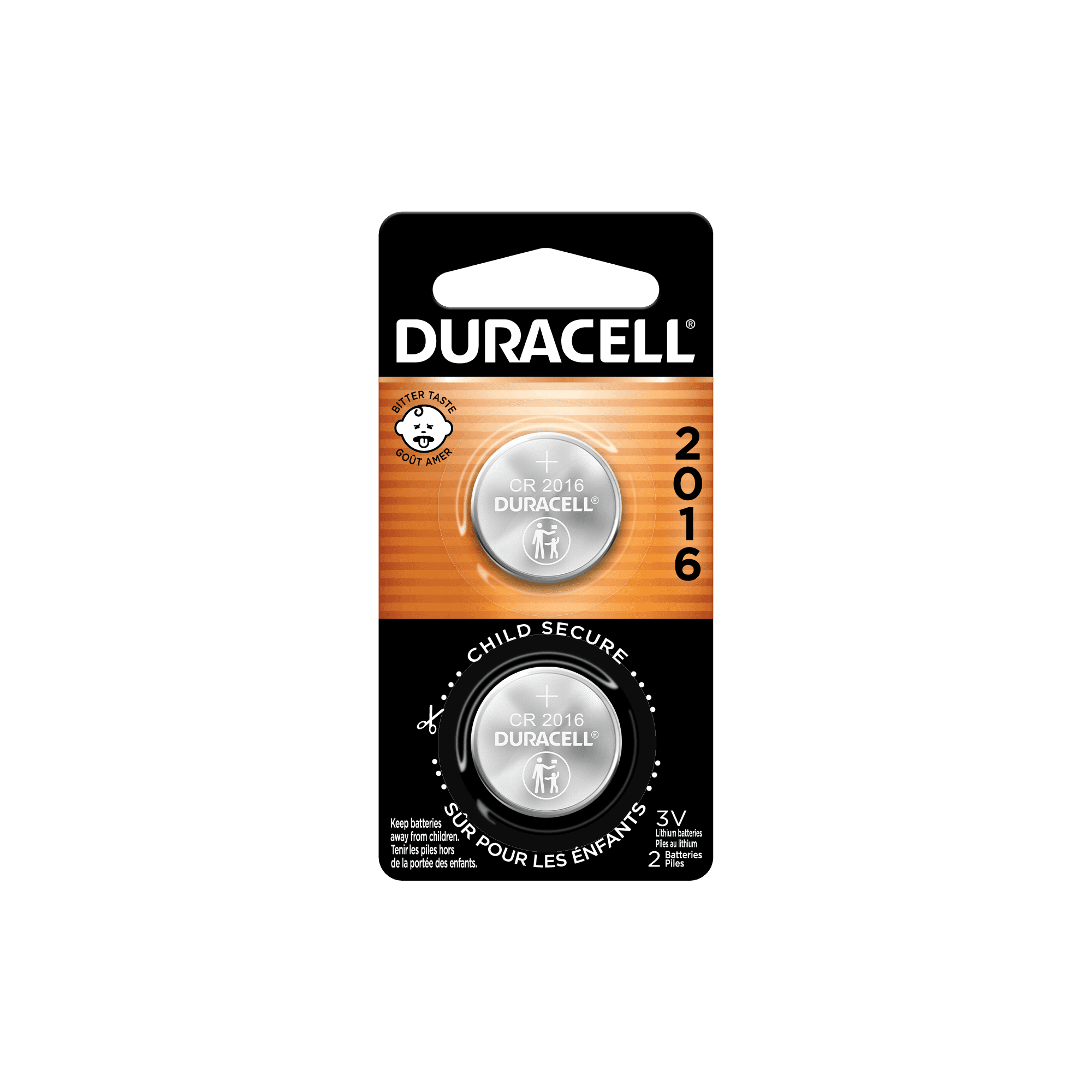 Duracell 2016 Lithium Coin Battery 3V, Bitter Coating Discourages Swallowing, 2 Pack