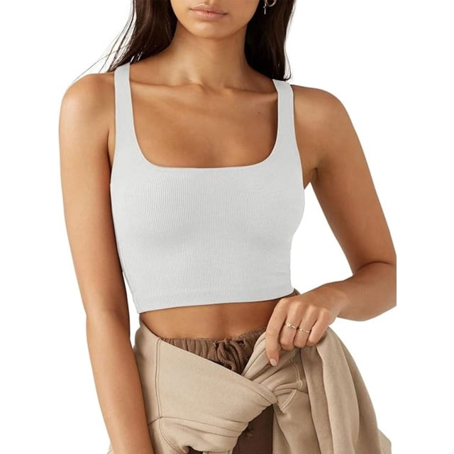 Camisetas sin mangas sexys de cuello cuadrado ajustadas con canalé para gimnasio para mujer