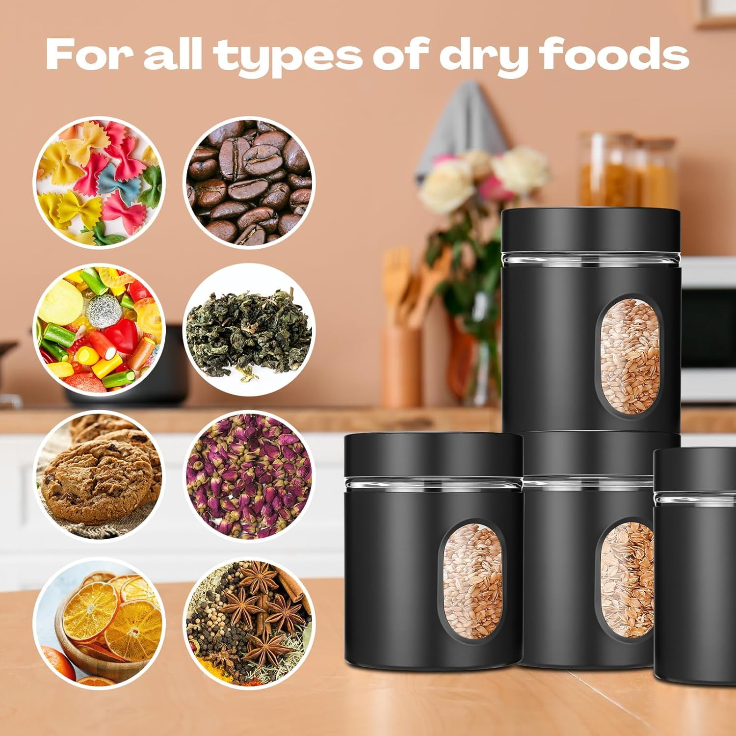 6 Pack Kitchen Canisters Set 20 oz Airtight Stainless Steel Canister Food Storage Container with Window Glass, Coffee Sugar Candy Jars Tea Organizer for Flour Cookies Spice Kitchen (Black)