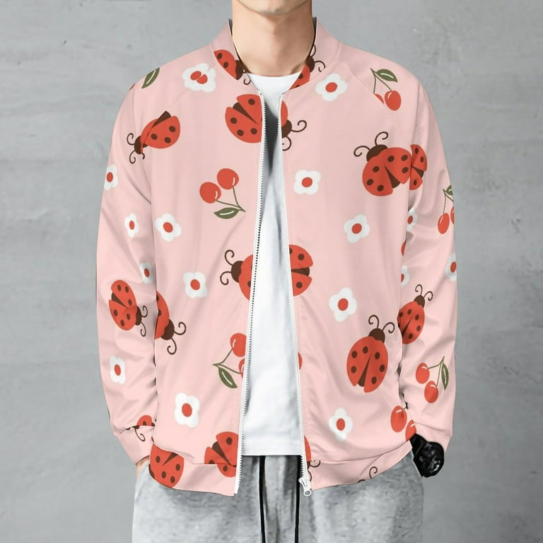 Ladybug With Flower Jacket for Men Lightweight Casual Zip Up Bomber Jacket Men Spring Fall Windbreaker Coat with Pocket Walmart