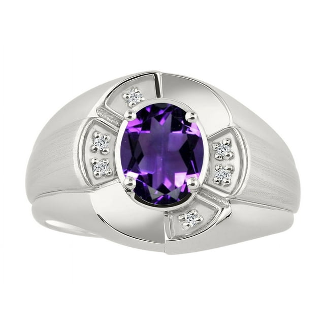 RYLOS Sterling Silver Ring 8X6MM Oval Gemstone & Diamond Unisex Rings Amethyst February Birthstone Ring Size 10