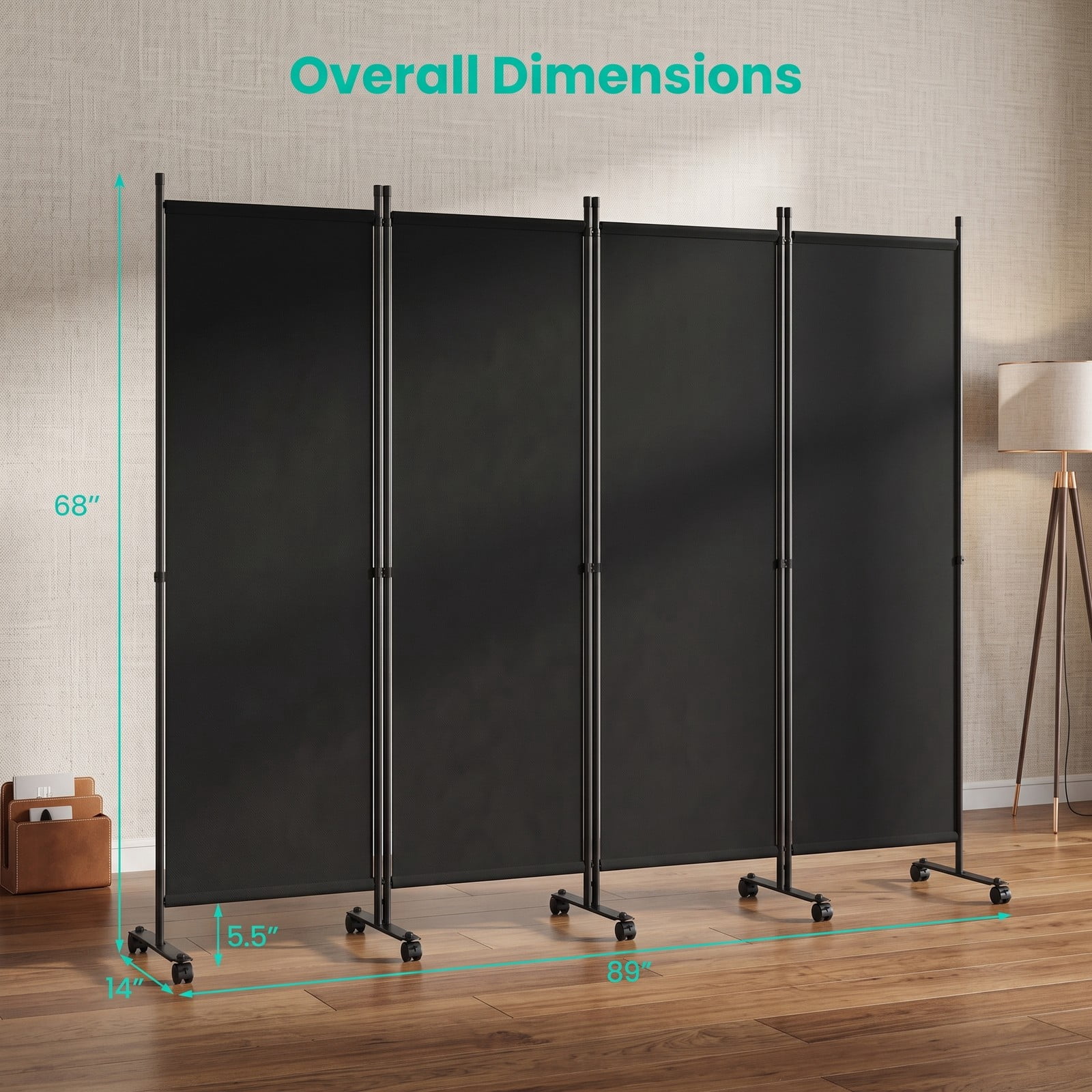 ALPULON 4-Panel Room Divider Freestanding Privacy Screen with 10 Lockable Wheels, Foldable Polyester Fabric Partition with Heavy-Duty Metal Frame for Living, Black