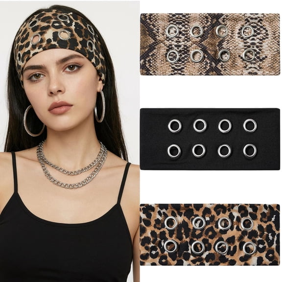 3 Piece Hollow Out Eyelet Wide Headbands for Women, Elastic Metal Grommet Y2K Hair Bands, Punk Grunge Hair Accessories
