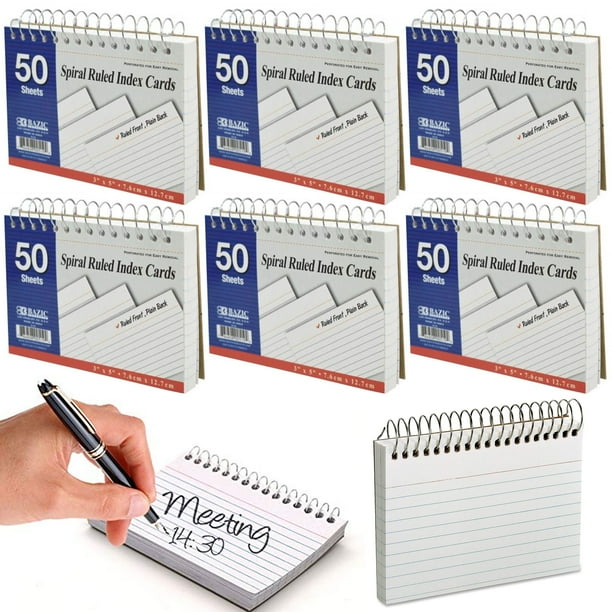 6pc Ruled Index Cards White 3" X 5" 50 Sheets Paper Spiral Bound Office