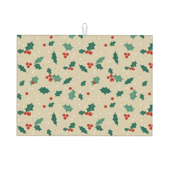 Microfiber Drying Mat, Christmas Hollyhock Beige Print Dish Drying Mat for Kitchen Counter, 18 x 24 inches
