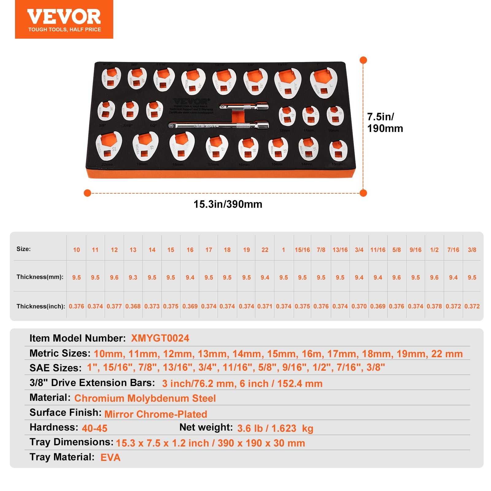 VEVOR 3/8" Drive Crowfoot Wrench Set with 2 Extension Bars, 24-Piece Crows Foot Wrench Set, SAE 3/8"-1" and Metric 10-22 mm, CR-MO Steel Crowfoot Wrench Set, with EVA Tool Organizer
