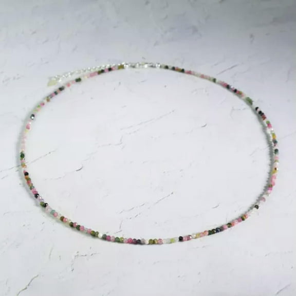 K-KED 3mm Rainbow Tourmaline Choker Beads Necklace Crystal Dainty Choker 18"