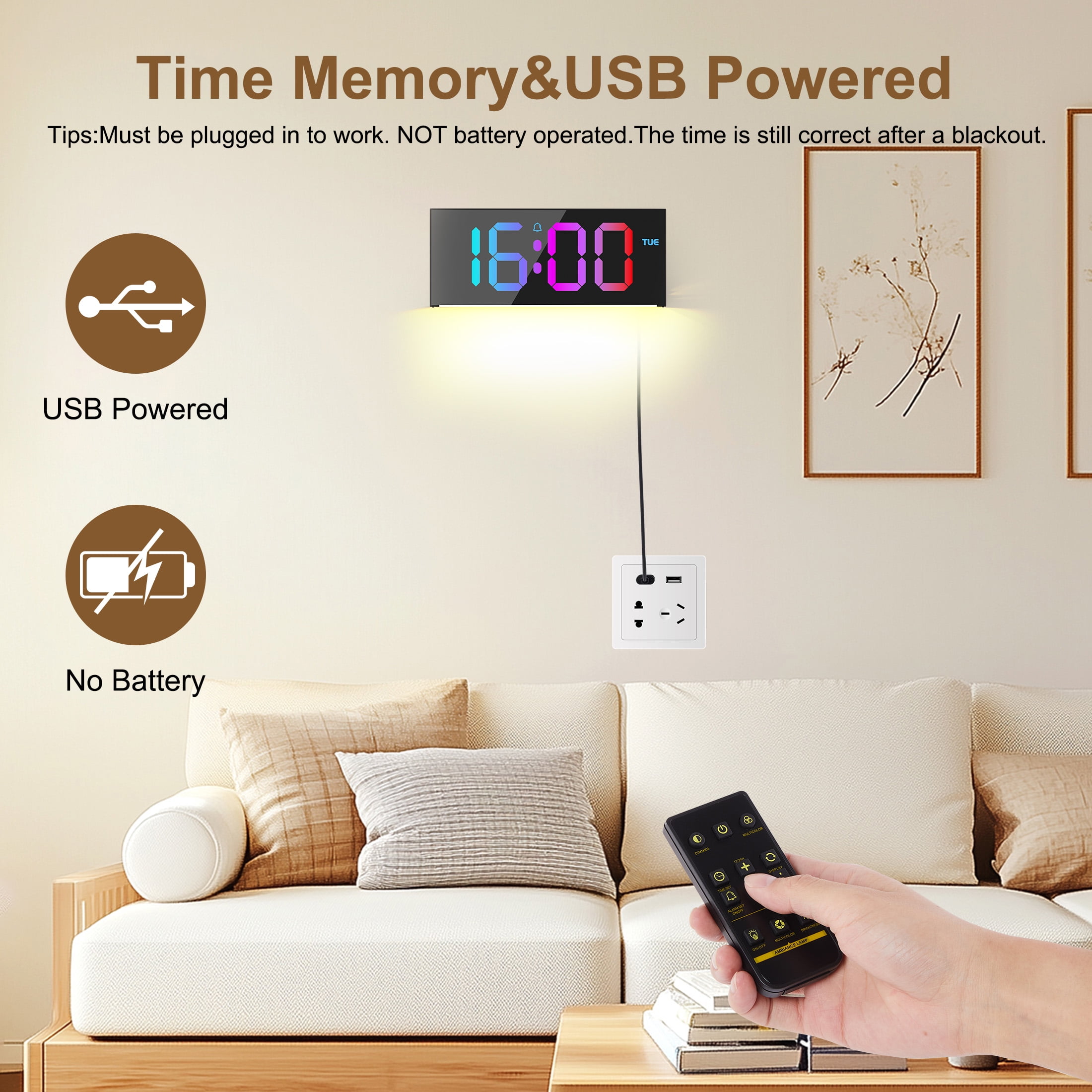 Onekawa Large Digital Wall Clock,LED Alarm Clocks with Calendar and Remote Controls,Black