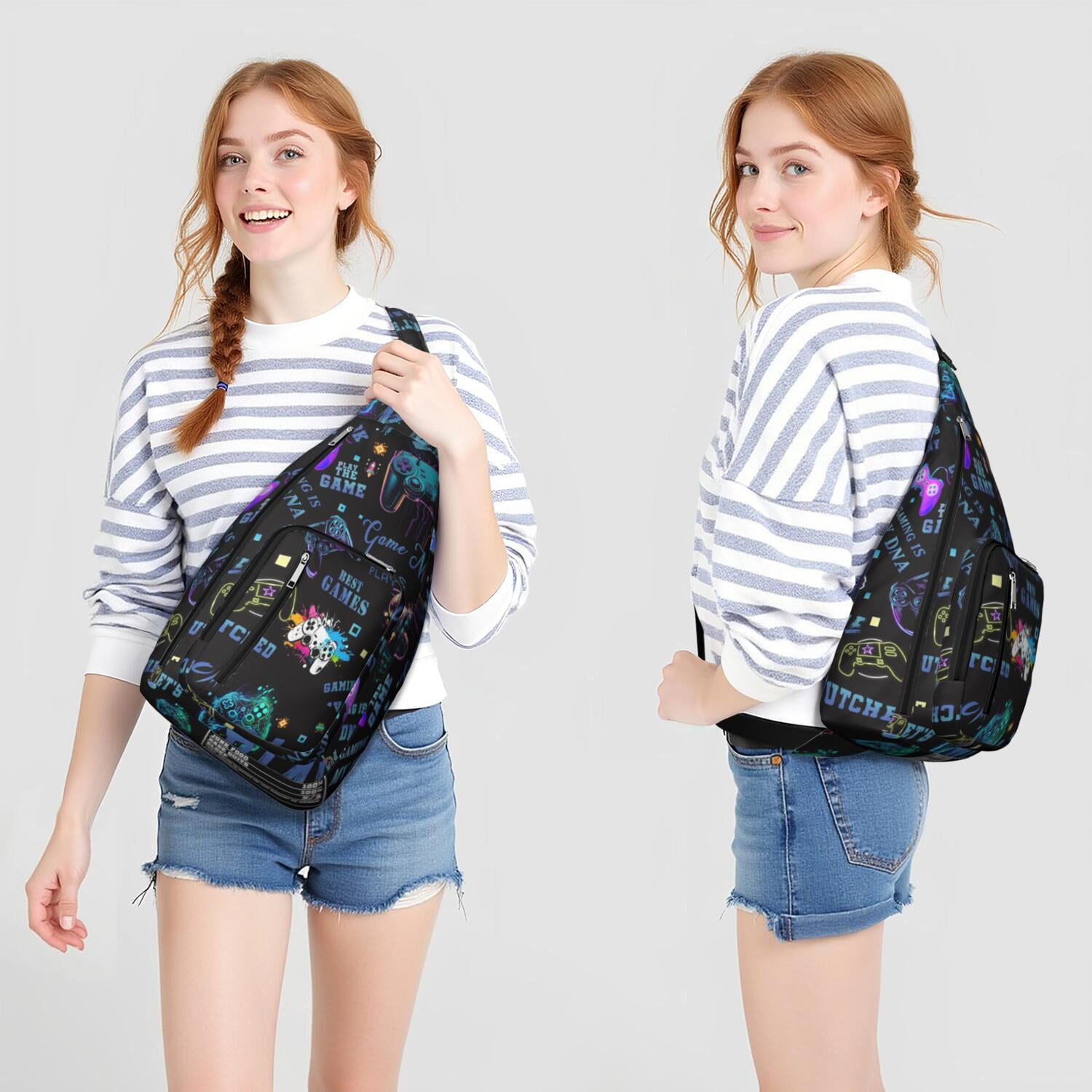 Gaming Controller Print Sling Bag&nbsp;- Cool Retro Joystick Pattern Crossbody Backpack for Gamers, Water-Resistant Shoulder Pack (Colorful Graffiti Design, Lightweight & Durable)