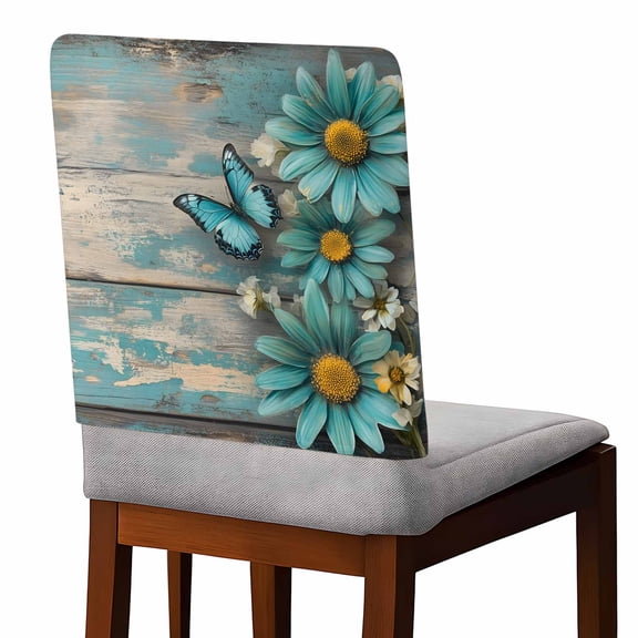 Blue Daisy Chair Covers Set of 4 Spring Flowers Butterfly Chair Back Covers Stretch Removable Washable Slipcovers Protector for Dining Room Kitchen Party Decor