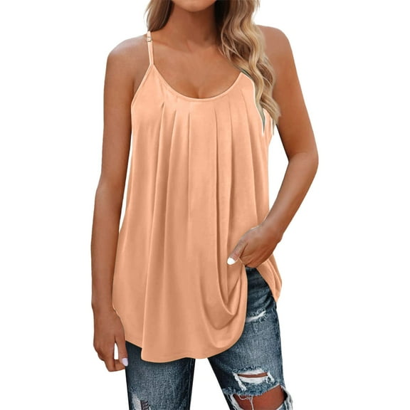 Women Summer Tops Summer Tank Tops For Women Pleated Spaghetti Strap Camisole Loose Fit Casual Sleeveless Bra Shelf Camisole Top Wide Strap on Girls Compression Undershirts without Bra RD1 2XL