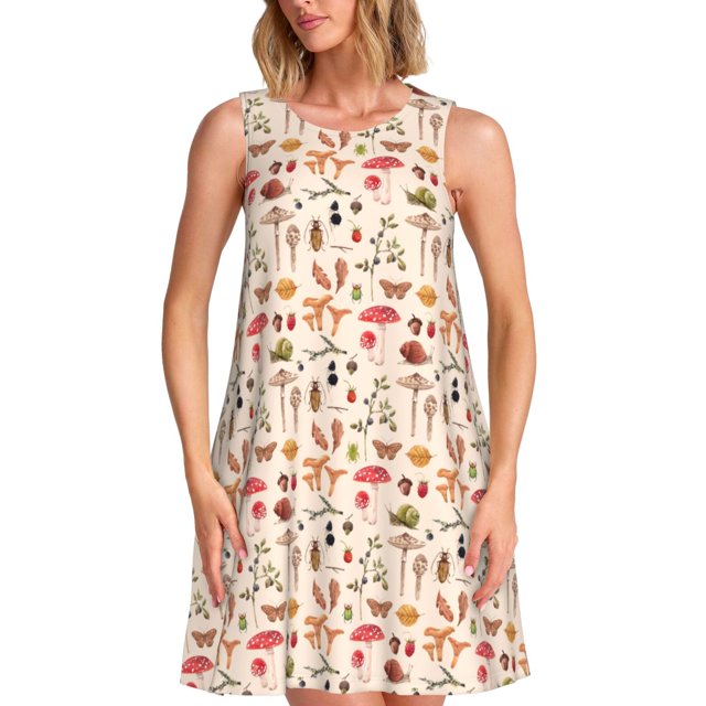 Disketp Retro Autumn Mushrooms para Vestido sin Mangas para Mujeres, Vestidos de Verano para Mujeres, Casual y Holgado para la Playa