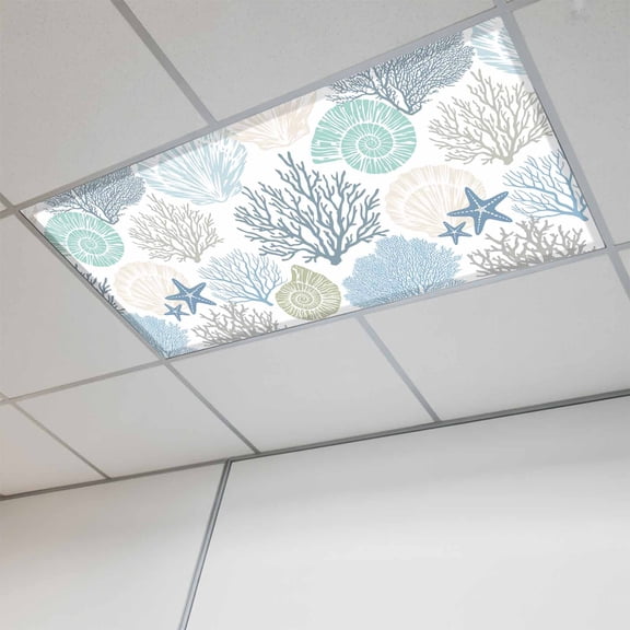 1 Pcs Coral Sea Snail Starfish Fluorescent Light Covers Green Blue Costal Pattern Magnetic Light Covers for Ceiling Lights 4 x 2 ft Drop Ceiling Lights Cover Shade for Office, Home, Hospital