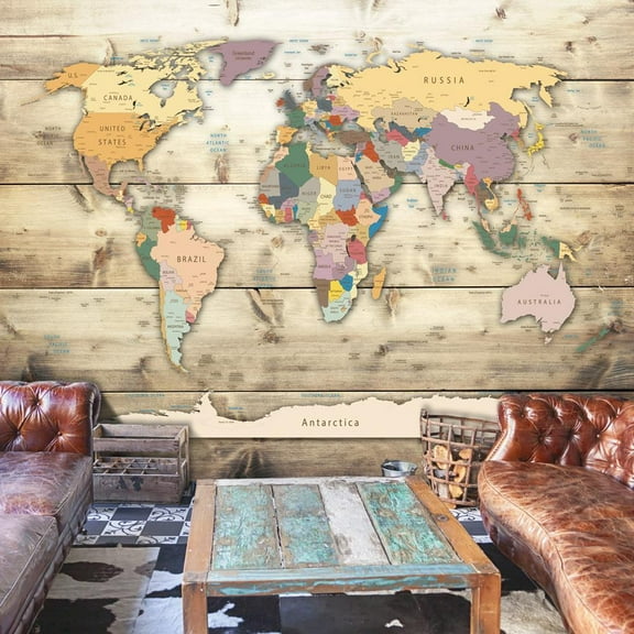 Tiptophomedecor Peel and Stick World Map Wallpaper Wall Mural - World Map Cabin Style - Removable Wall Decals