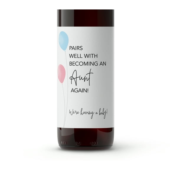 Pairs Well With Becoming an Aunt Again ● SET of 4 ● GENDER NEUTRAL Minimalist Balloons Pregnancy Announcement Wine Labels Baby Announcement Friends Sisters Label, Reveal, Alternative to Card A205-4AA