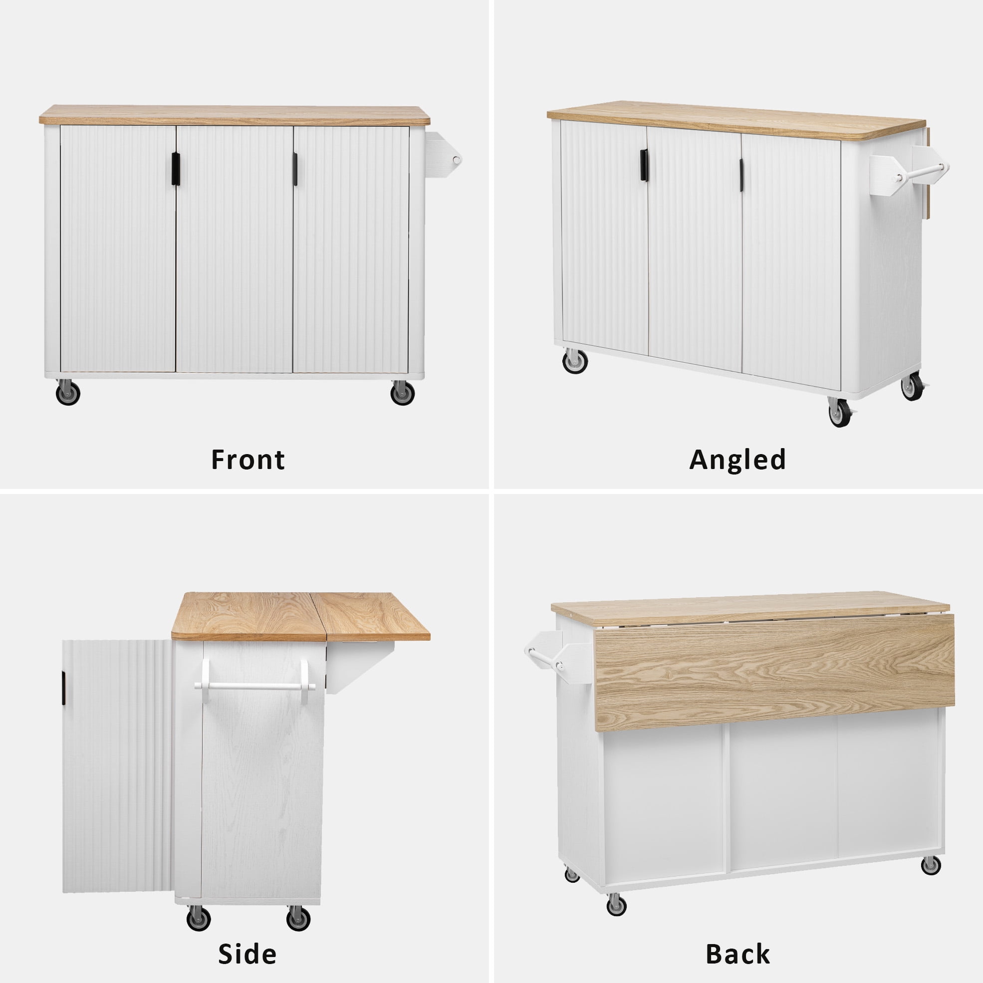 Aukfa Fluted Rolling Kitchen Island with Drop Leaf,Kitchen Cart with Storage Cabinet & Locking Casters, White