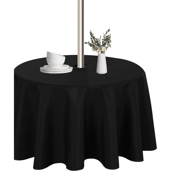 Round Outdoor Tablecloth with Umbrella Hole and Zipper, 60 Inch Black, Washable Waterproof Table Cloth Spill Proof Wrinkle Free Table Cover for Patio Spring Summer Picnic