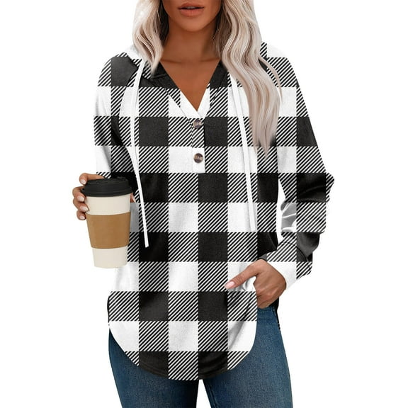 WTOBBY Women's Lightweight Long Sleeve Pullover with Pockets Preppy Graphic Hoodie, Raglan Sleeve Design with Retro Buttons, Plaid Pattern for Fashionable Casual Apparel,Black L