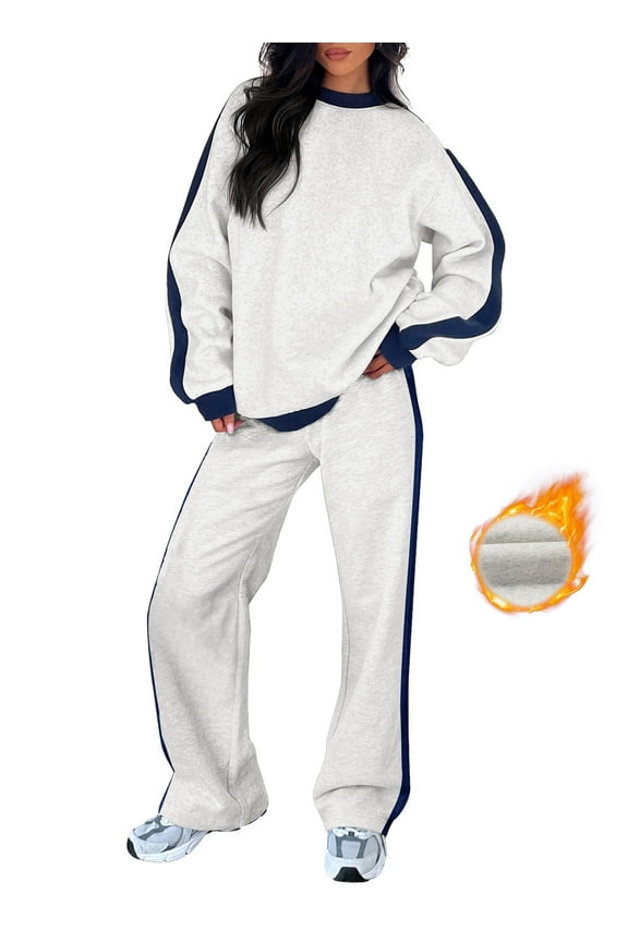 Womens Sweatsuits 2 Piece Set Fleece Lined Outfits Crew Neck Colorblock Long Sleeve Sweatshirt Jogger Pants Tracksuit Set with Pockets