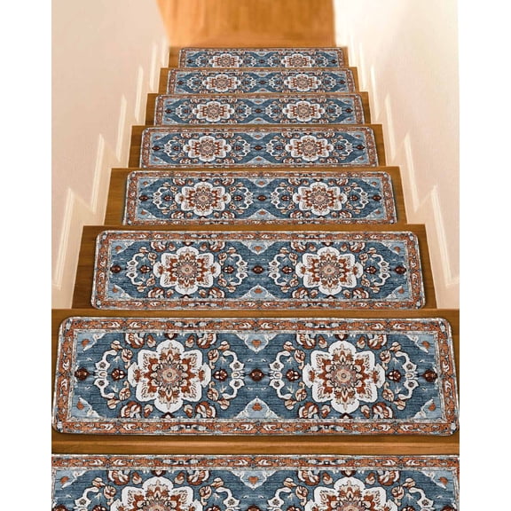 Blue Bohemia Floral Non-Slip Stair Treads for Wooden Steps, 4 Pack 8x30 Inches Carpet Stair Mats with Adhesive Backing, Noise-Reducing Step Covers for Indoor Stairs, Easy to Install & Residue-Free