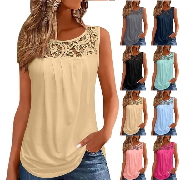 Simua Tank Tops for Women Summer Trendy Lace Round Neck Tops Pleated Loose Fit Casual Sleeveless Shirts