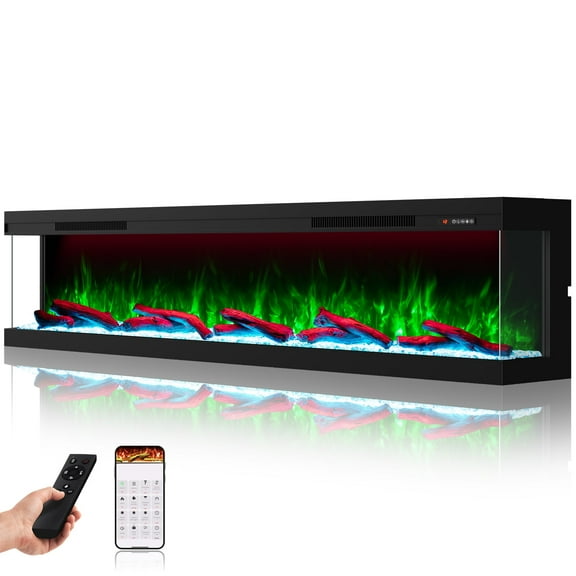 70" 3 Sided Electric Fireplace Inserts, Smart 3D Linear Built-in Fire Places Heater 1500W, Multi-Colors Combinations, APP & Remote Control, Cracking Sound, 9H Timer, Crystal & Log