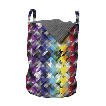 Colorful Laundry Bag, Diagonal Geometrical Houndstooth Pattern in Rainbow Colors on Grey Background, Hamper Basket with Handles Drawstring Closure for Laundromats, 13" x 19", Multicolor, by Ambesonne