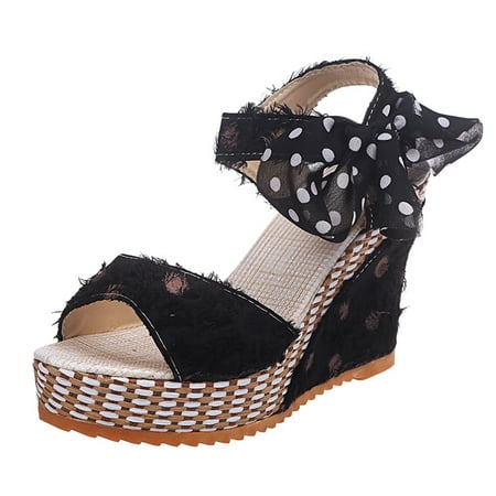 

TOYFUNNY Womens Polka Dot Wedge Lace Up Fish Mouth Sandals