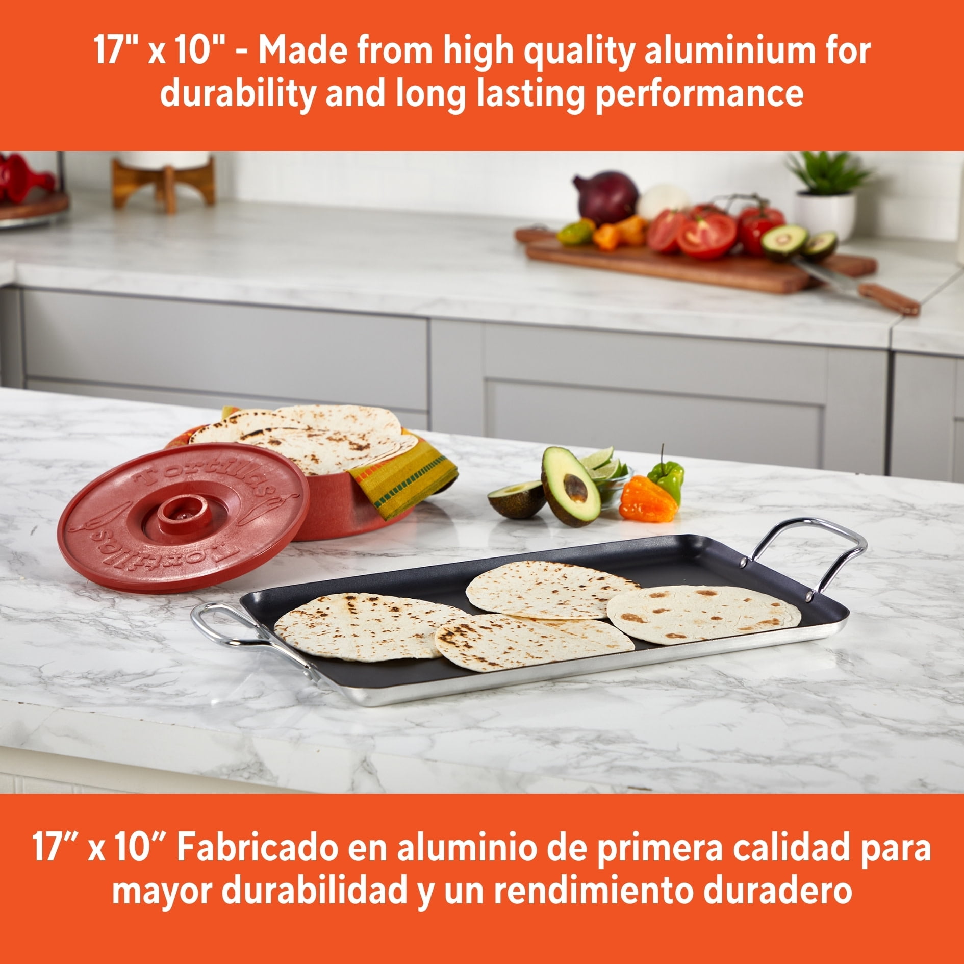 IMUSA Nonstick Stovetop Double Burner Griddle with Metal Handles, 17-Inch, Black