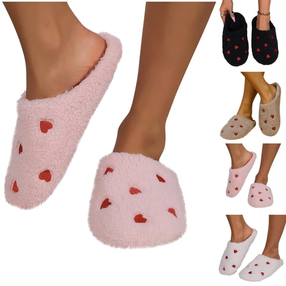 Warm Slippers for Women Fashion Casual Home Indoor and Outdoor Solid Color Heart-Shaped Slippers Plus Velvet Warm Slippers Cute Women's Bedroom Slippers Cozy Winter Soft Bedroom Shoes