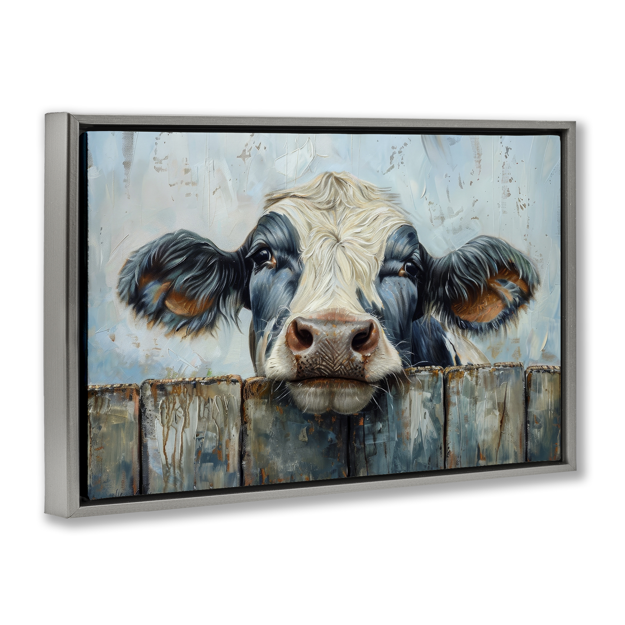 Stupell Industries Howdy Neighbor Cow Animals & Insects Painting Gray Floater Framed Canvas Art Print Wall Art, 25 x 17
