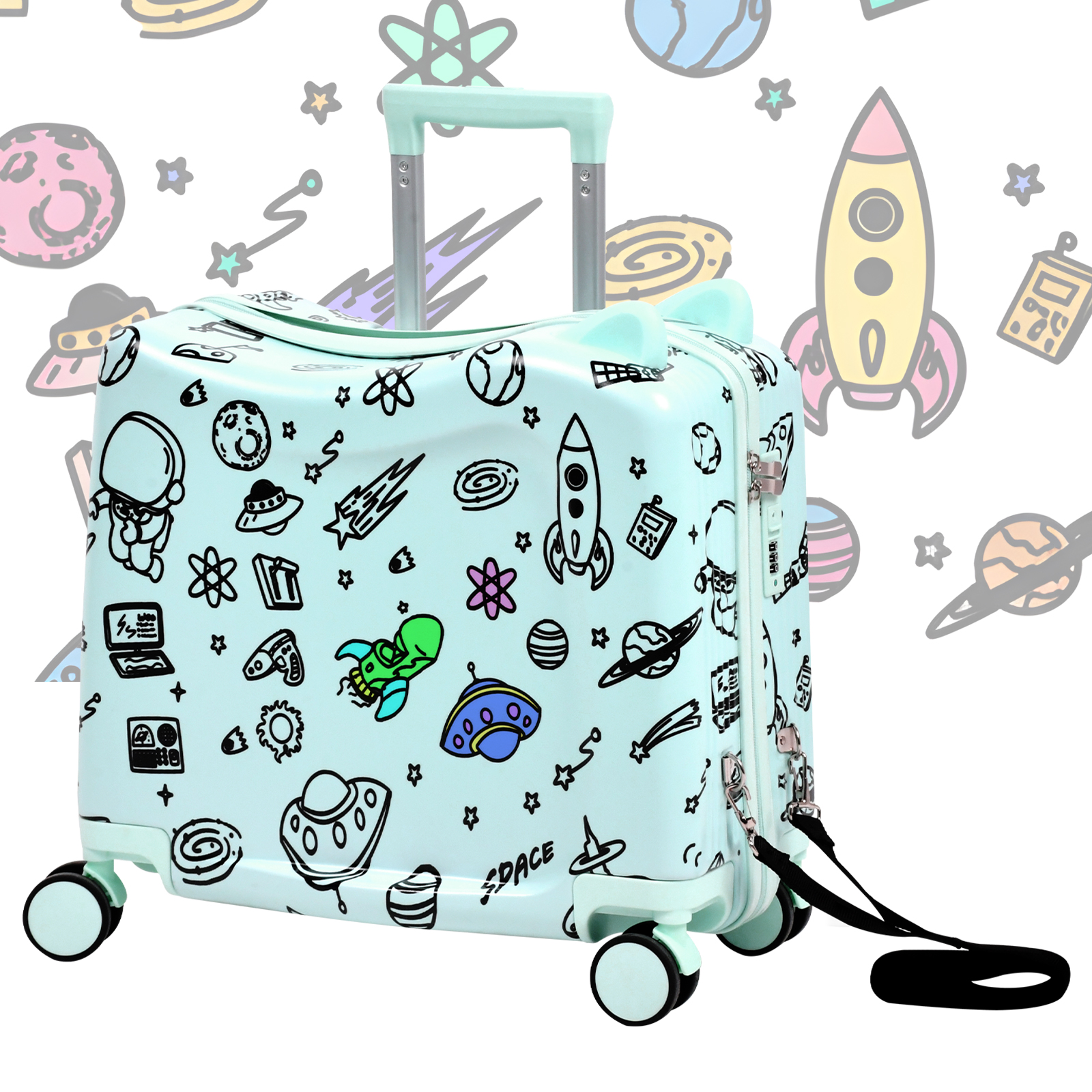 Advwin 20" Ride On Suitcase for Kids, Fun DIY Coloring Carry-On Luggage with 24 Waterproof Markers, Pull Strap & Spinner Wheels, Hardshell Rideable Travel Luggage for Children, Mint Green
