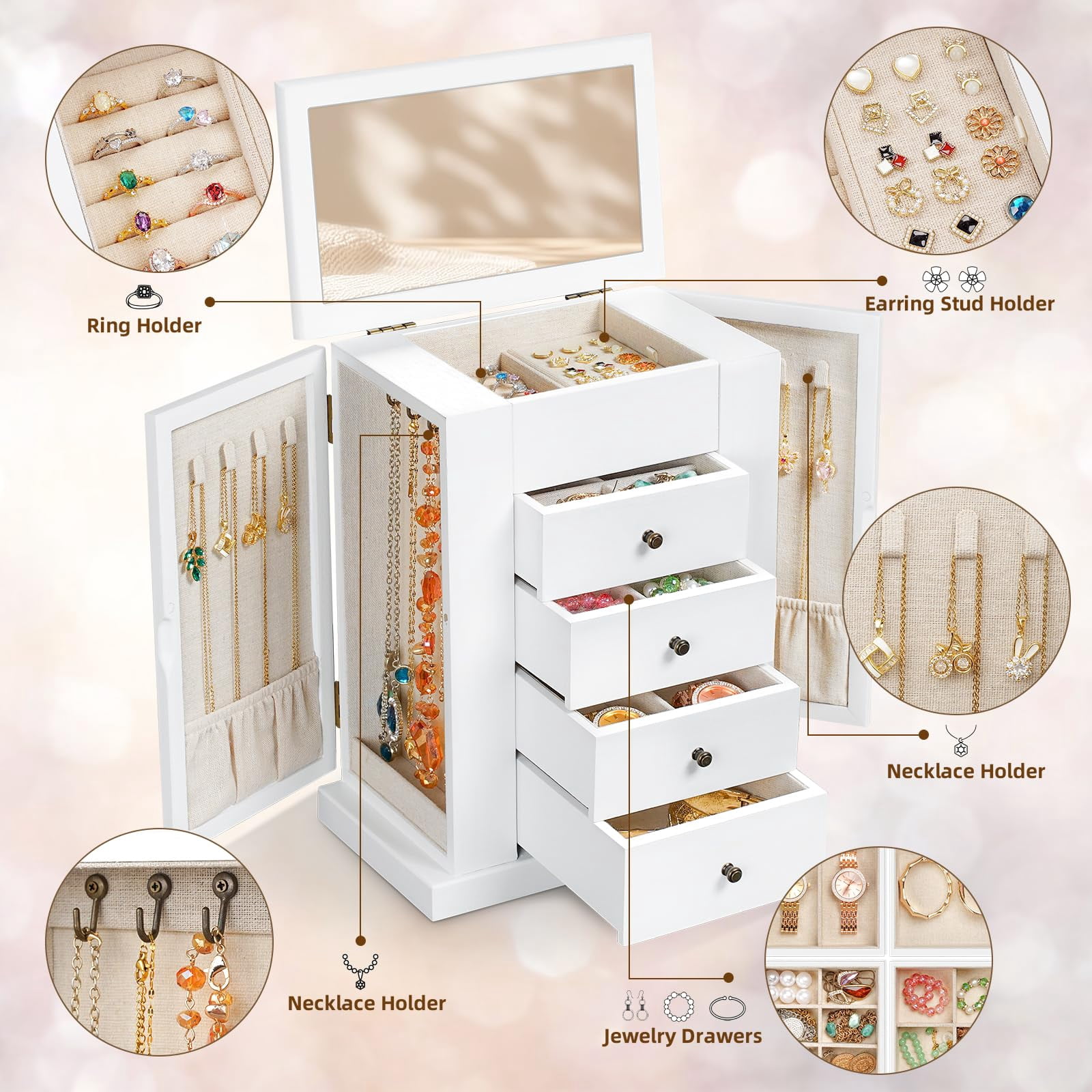 Jewelry Box for Women, 5 Layer Large Wood Boxes & Organizers for Necklaces Earrings Rings Bracelets, Rustic Organizer with Drawers and Mirror, White