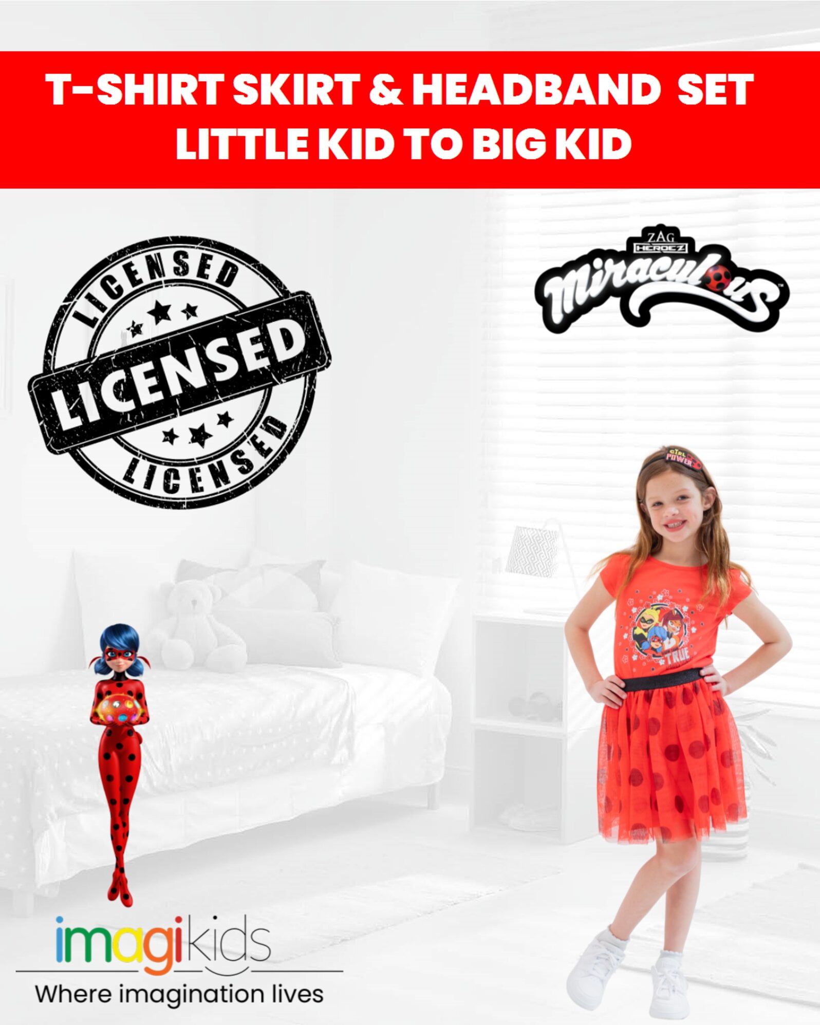 Miraculous Ladybug Rena Rouge Little Girls T-Shirt Skirt and Headband 3 Piece Outfit Set Little Kid to Big Kid