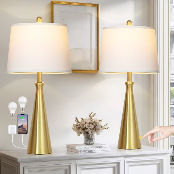 Lolikit 28" Gold Table Lamps Set of 2 for Living Room Bedroom 3-Way Dimmable Touch Control Nightstand Bedside Lamp with USB A C Ports