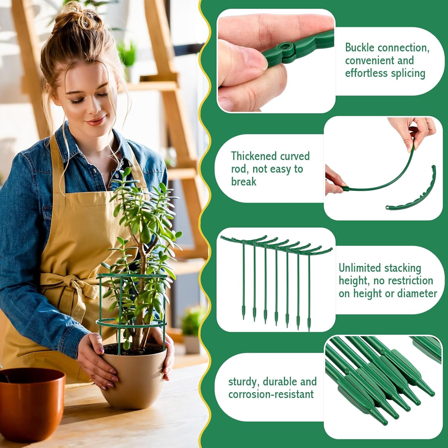 100 Pcs Plant Support Stake 5.9" W X 9.8" H Half Round Plant Cage Stackable Garden Flower Support for Indoor Outdoor Flower Vegetable Tomato Peony Monstera Hydrangea Climbing Plants