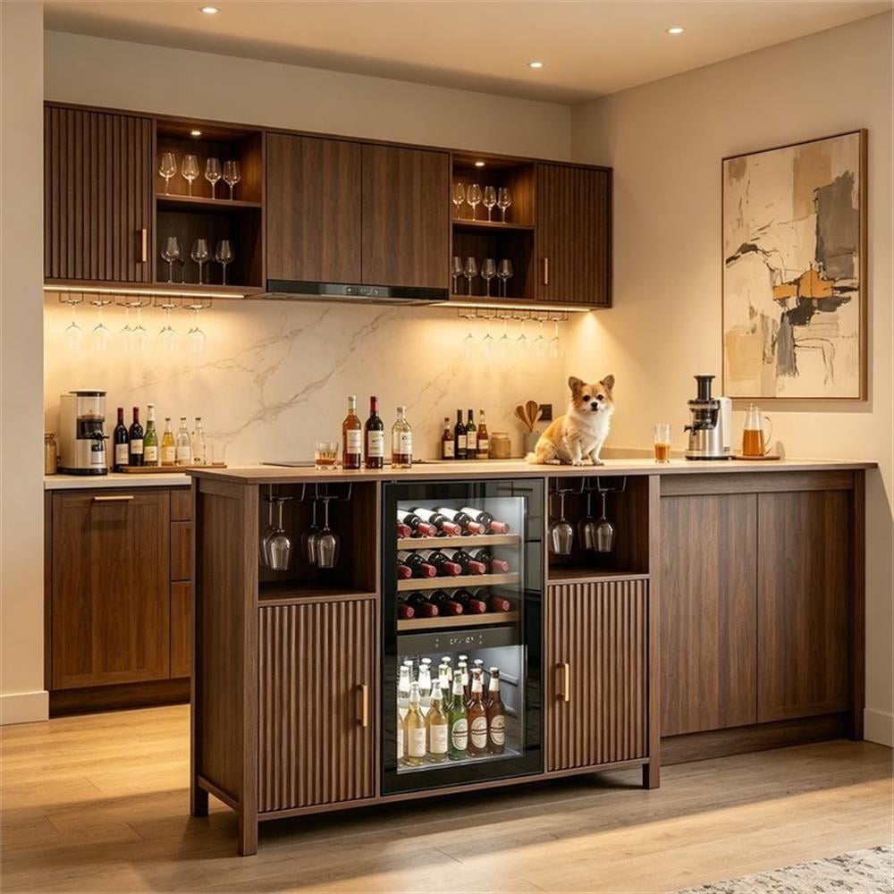 53" Brown Engineered Wood Coffee Bar Cabinet with Mini Fridge Space & Power